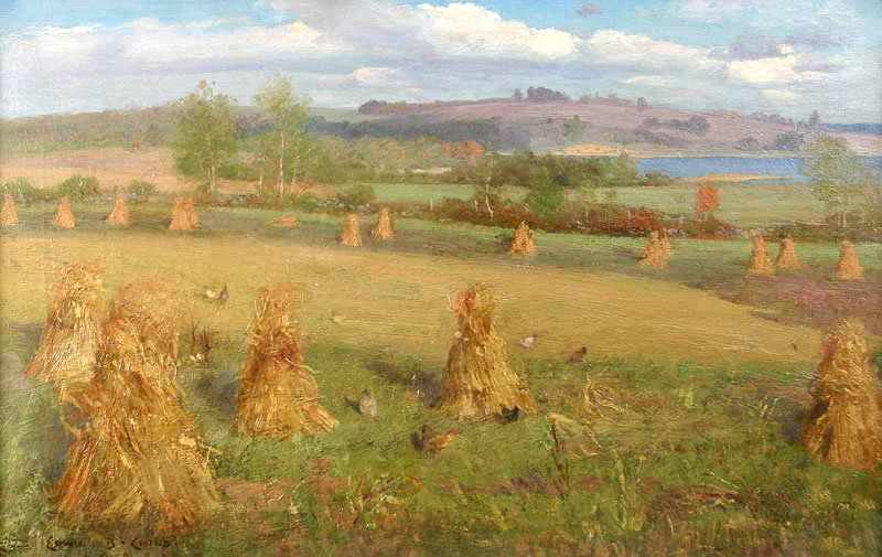 Edwin B. Child Vermont painting of haystacks and chickens
