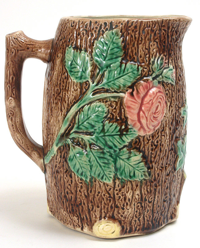 Majolica wild rose and tree bark pitcher, English