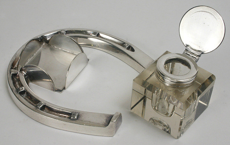 James Dixon silver plated horseshoe inkwell, English