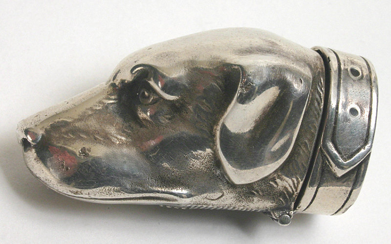 Figural dog's head sterling silver match safe, vesta