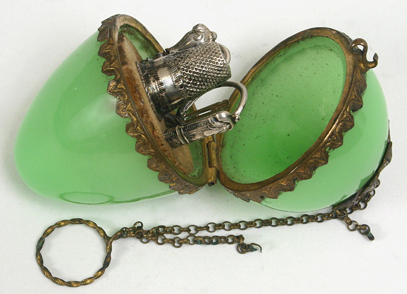 French jade glass sewing egg etui with silver tools