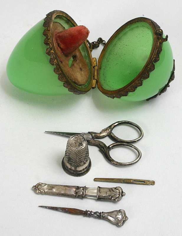 French jade glass sewing egg etui with silver tools