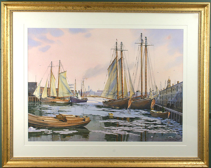 Frederick Kubitz watercolor painting, Boston Harbor