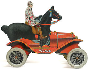 Moxie Horsemobile lithographed tin pull toy car, c.1917