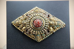 Rare Hindu Gilt Bronze and Coral Plate, Nepal, 17th C.