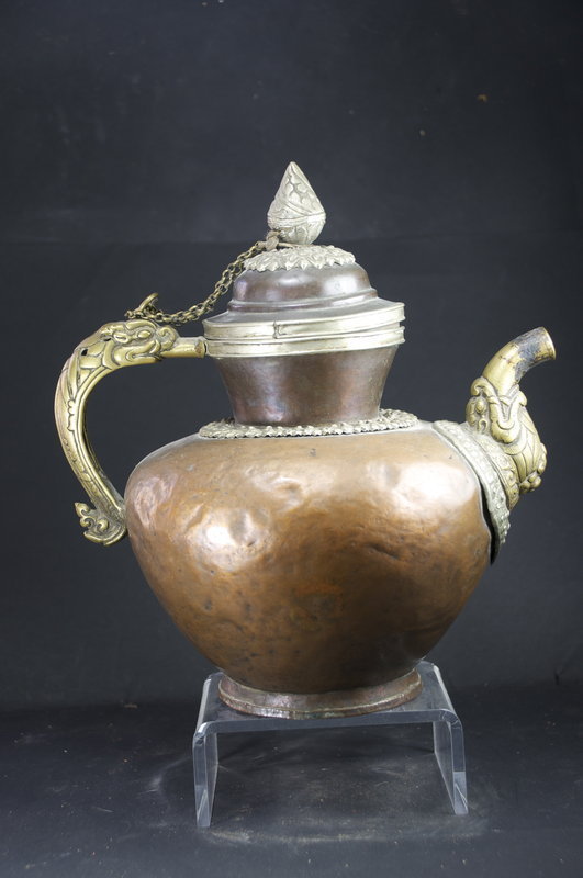 Fine Three Metals Tea Kettle, Tibet, 19th C.