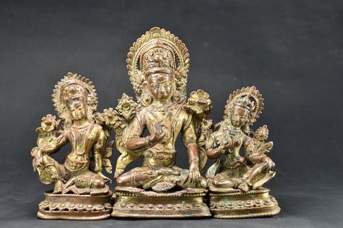 Exceptional Indra Triad, Gilt Copper, Nepal, Newar, 15th/16th Century