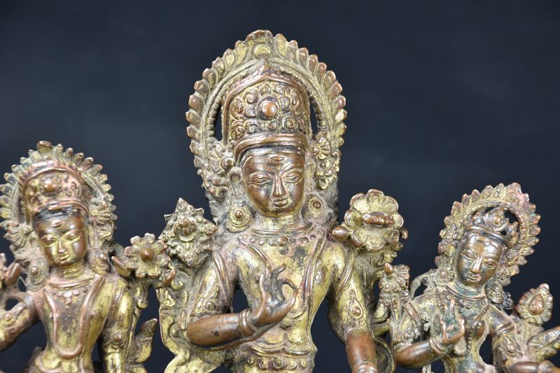 Exceptional Indra Triad, Gilt Copper, Nepal, Newar, 15th/16th Century
