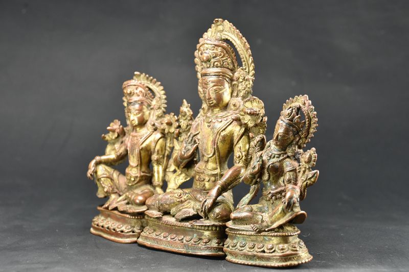 Exceptional Indra Triad, Gilt Copper, Nepal, Newar, 15th/16th Century