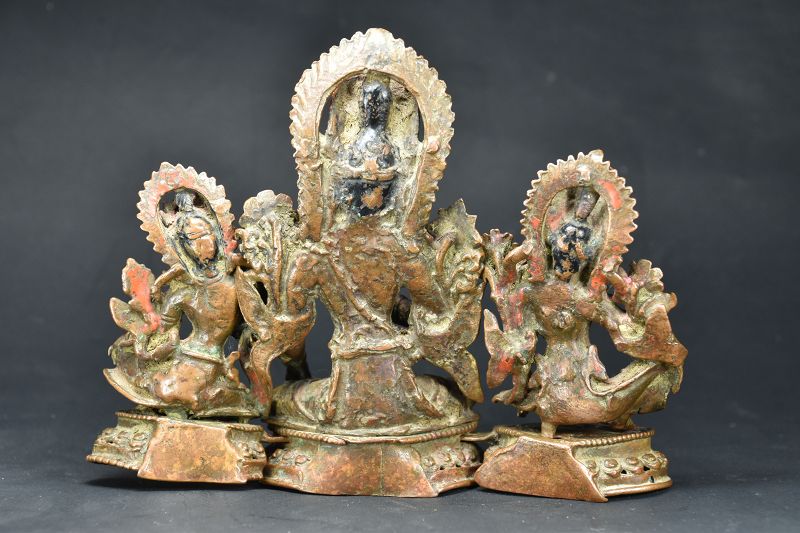 Exceptional Indra Triad, Gilt Copper, Nepal, Newar, 15th/16th Century