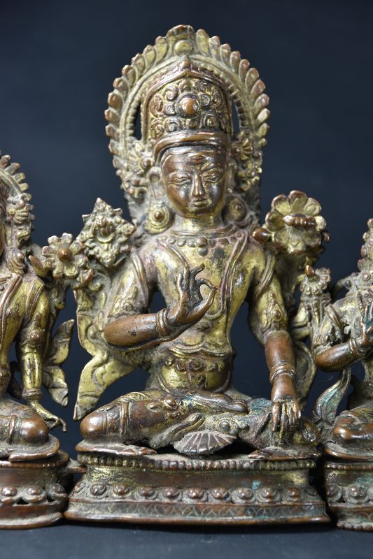 Exceptional Indra Triad, Gilt Copper, Nepal, Newar, 15th/16th Century