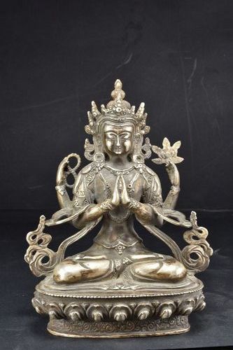 Rare Silver Statue of Sadaksari Lokeshvara, Tibet, Late 19th C.