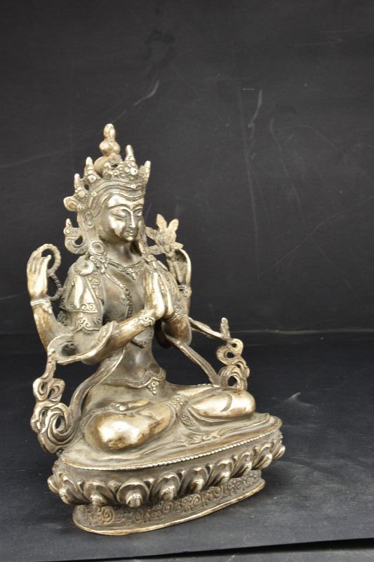 Rare Silver Statue of Sadaksari Lokeshvara, Tibet, Late 19th C.