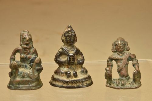 A Group of Three Rare Bronze Miniature Primitive Statues of Hindu Gods