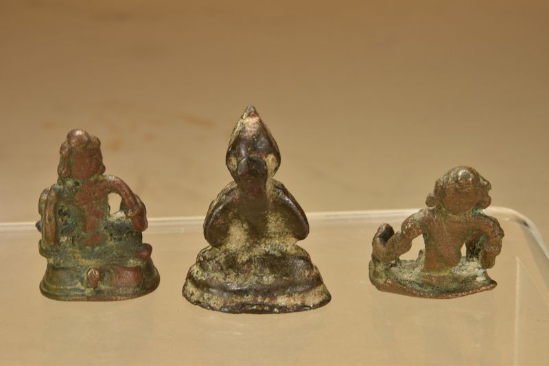 A Group of Three Rare Bronze Miniature Primitive Statues of Hindu Gods