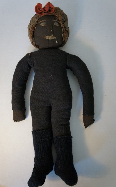 16&quot; antique black cloth dollwith embroidered face rag stuffed