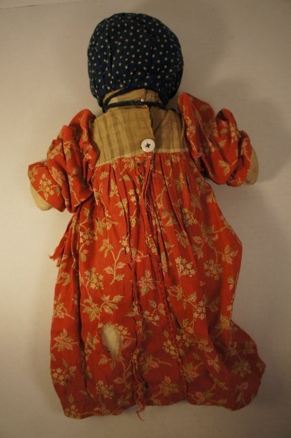 Shoe button eyes cloth doll red calico dress blue bonnet early