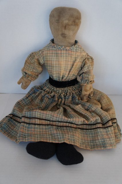 Pencil face 20&quot; antique cloth doll blue plaid dress
