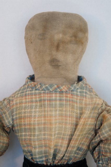 Pencil face 20&quot; antique cloth doll blue plaid dress