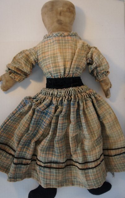 Pencil face 20&quot; antique cloth doll blue plaid dress