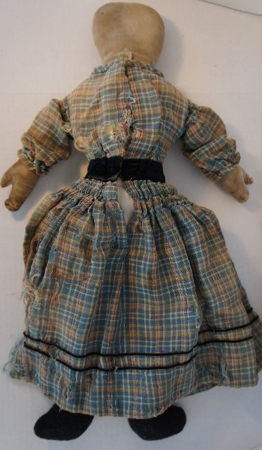 Pencil face 20&quot; antique cloth doll blue plaid dress