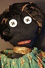 Button eyed black doll great fur hair green calico dress