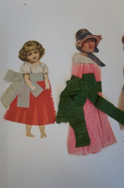 19th C. paper dolls with crepe paper dresses  10&quot;