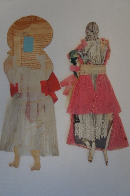 19th C. paper dolls with crepe paper dresses  10&quot;