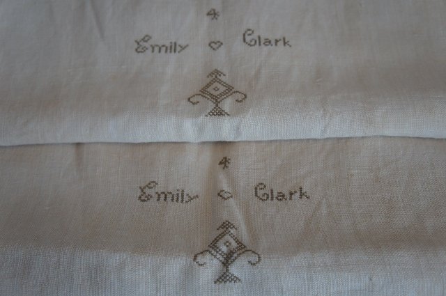 Two homespun natural antique pillow cases initials and heart