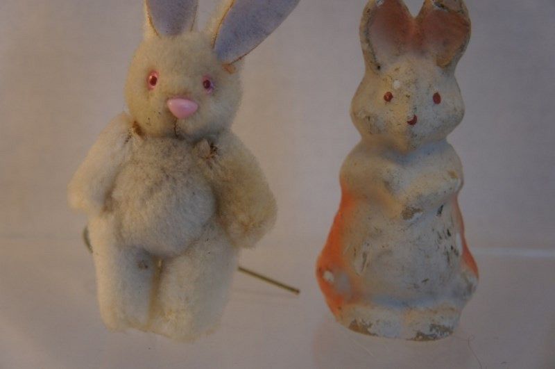 Two early bunny rabbits candy container and furry