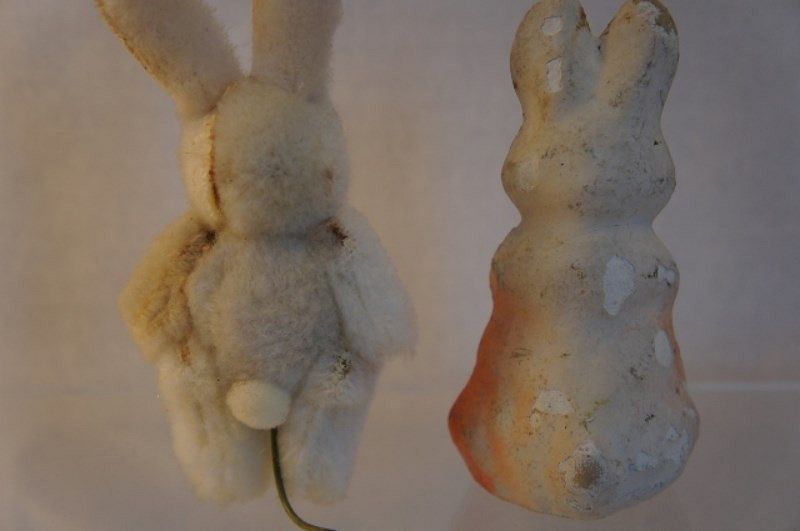 Two early bunny rabbits candy container and furry
