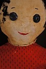 Antique cloth doll calico button eyes and red dress 25"