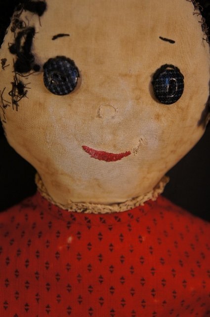 Antique cloth doll calico button eyes and red dress 25&quot;