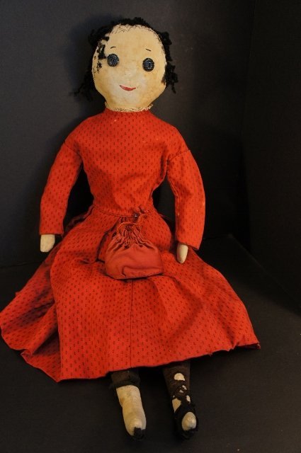 Antique cloth doll calico button eyes and red dress 25&quot;