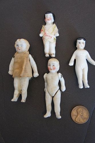 Tiny little 3 china and bisque dolls, Merry Christmas doll antique