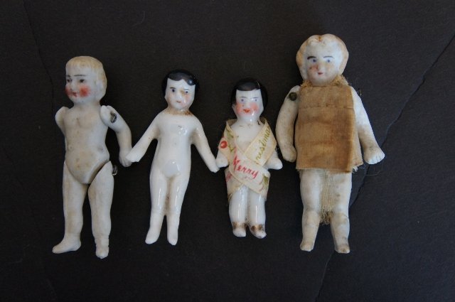 Tiny little 3 china and bisque dolls, Merry Christmas doll antique