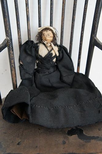 Small nut doll Civil War Era with black dress, early petticoat antique