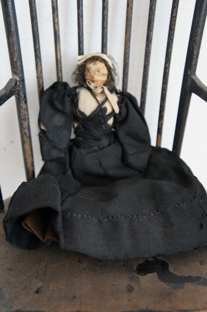 Small nut doll Civil War Era with black dress, early petticoat antique