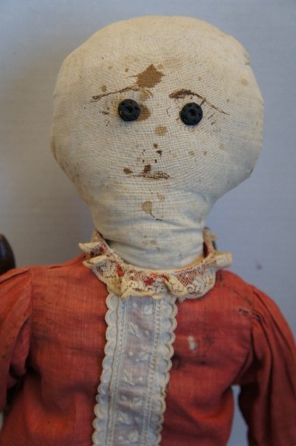 Antique black cloth rag doll with embroidered face (item #1329269)