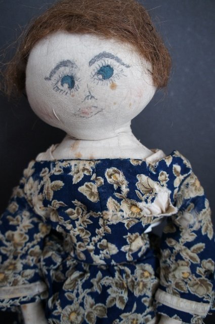 Antique painted face cloth doll great dress and hair 22&quot;  C.1880