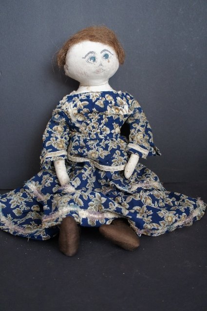 Antique painted face cloth doll great dress and hair 22&quot;  C.1880