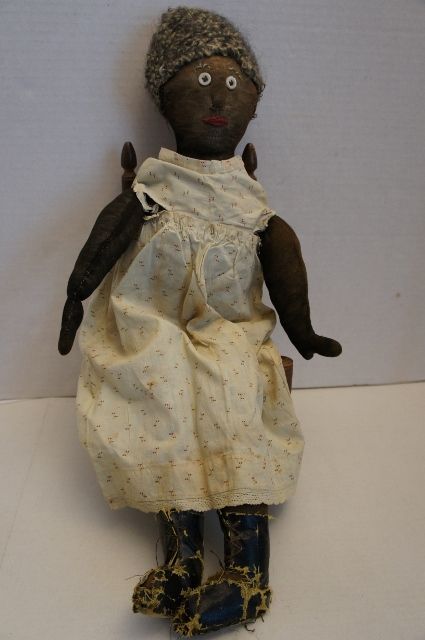 19th C. antique black stockinette doll raised nose button eyes 24&quot;