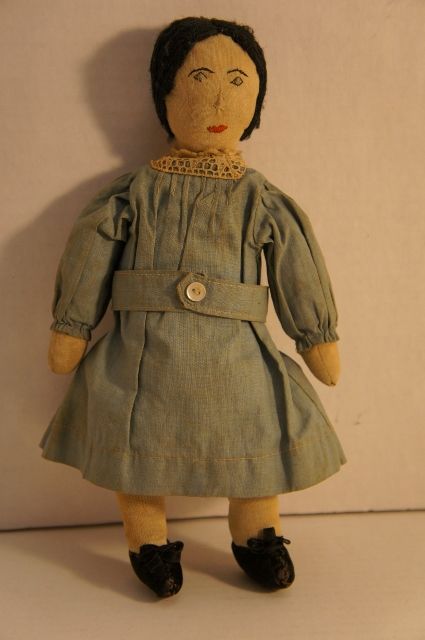 As cute as a button, embroidered face cloth doll all orig. 11&quot; antique