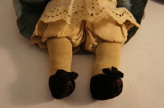 As cute as a button, embroidered face cloth doll all orig. 11&quot; antique