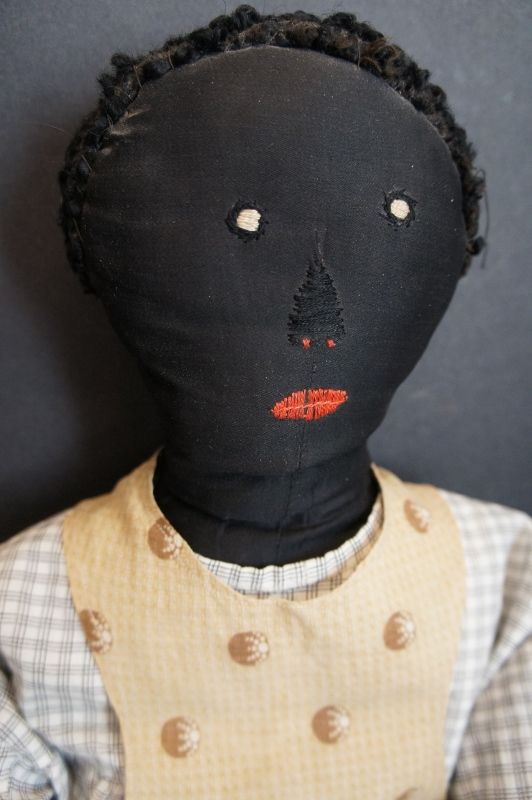 Early Black cloth doll embroidered face great body as found 23&quot;