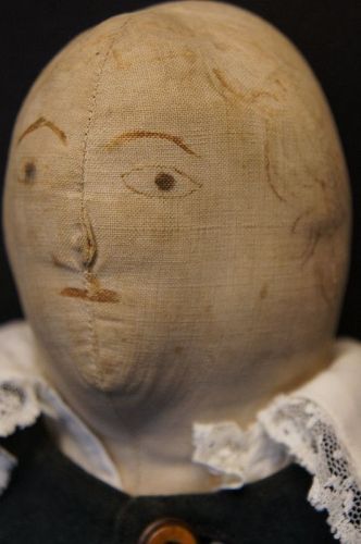 19th C. original boy doll with wool 2 piece suit, ink drawn face 20"