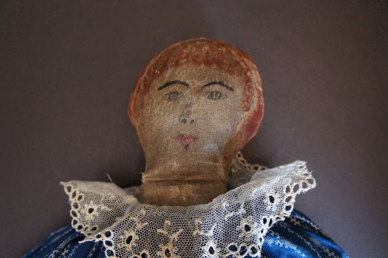 Great red hair painted face antique cloth doll blue calico dress 21&quot;