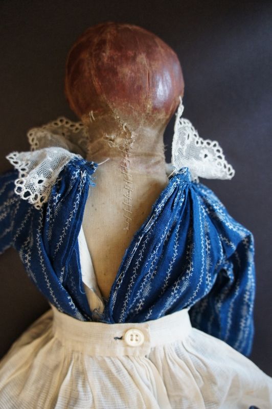 Great red hair painted face antique cloth doll blue calico dress 21&quot;