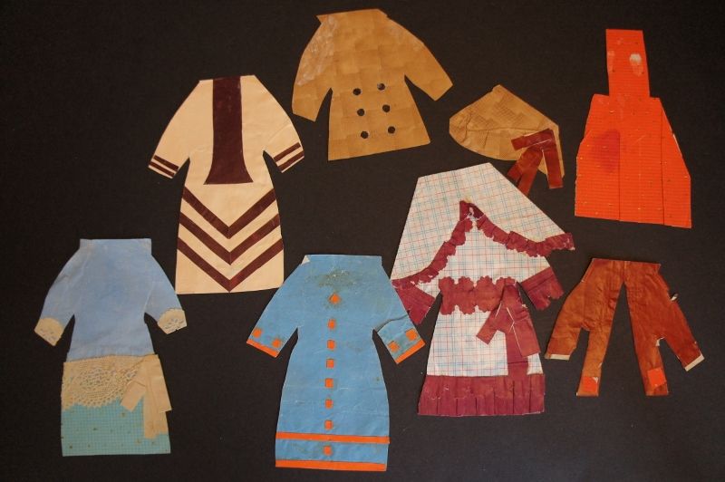 Antique paper doll dresses 6&quot; with jackets, apron, hat