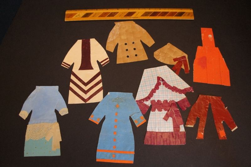 Antique paper doll dresses 6&quot; with jackets, apron, hat